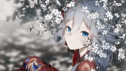 HD desktop wallpaper featuring Fu Hua from the video game Honkai Impact 3rd, surrounded by delicate blossoms.