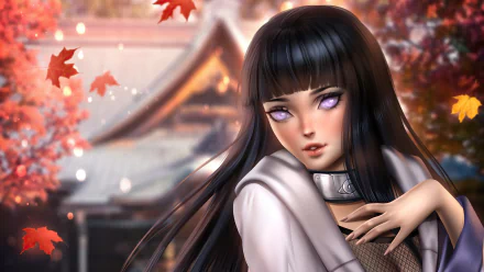 4K Ultra HD anime wallpaper featuring Hinata Hyuga from Naruto with black hair and striking purple eyes, set against a softly blurred autumn temple background.