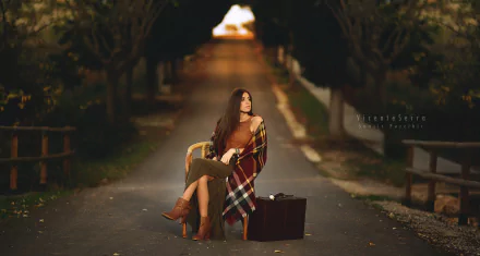 model suitcase road Marta Belda woman mood HD Desktop Wallpaper | Background Image