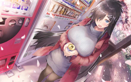 HD anime original artwork of a girl with long dark hair holding a can, standing near vending machines and cherry blossoms, designed as a PC desktop wallpaper.