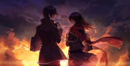 HD anime desktop wallpaper featuring Ayano Tateyama and Shintaro Kisaragi from Kagerou Project, set against a dramatic sunset sky with warm, vibrant colors.