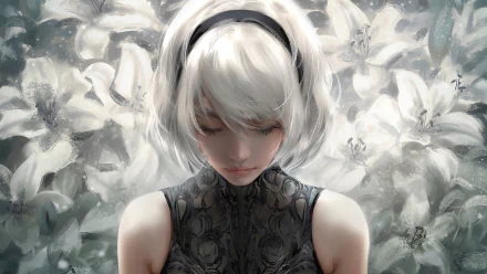 HD PC desktop wallpaper featuring YoRHa No.2 Type B from the video game NieR: Automata, surrounded by white lilies in a soft, ethereal style.