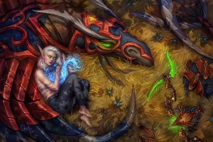 A white-haired elf archer with a glowing bow beside a red dragon, rendered in 4K Ultra HD as a World of Warcraft PC desktop wallpaper.