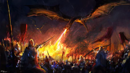 A fierce fantasy battle scene with a warrior and a dragon breathing fire, set against a fiery, chaotic background in HD quality for a PC desktop wallpaper.