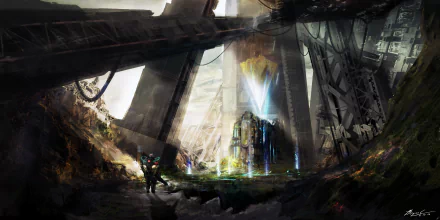 Futuristic sci‑fi exploration: two explorers approach a glowing alien beacon beneath towering ruined megastructures — 2K Quad HD PC desktop wallpaper/background.