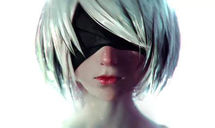 HD PC desktop wallpaper featuring YoRHa No.2 Type B from the video game NieR: Automata, showcasing a close-up of the character with her iconic blindfold and white hair.