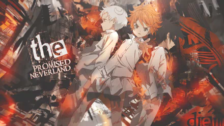 4K Ultra HD anime wallpaper featuring Ray, Norman, and Emma from The Promised Neverland with dynamic fiery background and dramatic lighting.