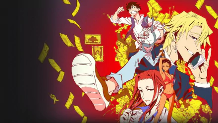 HD anime desktop wallpaper featuring Laurent Thierry, Makoto Edamura, Abigail Jones, and Cynthia Moore from Great Pretender with vibrant red and yellow tones.