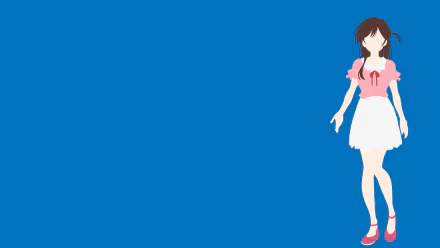 Anime-style illustration of Chizuru Ichinose from Rent-A-Girlfriend with brown hair, wearing a pink top and white skirt against a solid blue background in 8K Ultra HD.