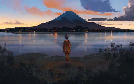 HD anime desktop wallpaper depicting a lone figure standing by a lake at dusk, facing a large mountain with a colorful sky reflected in the water.