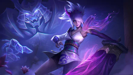 Riven from League of Legends in a dynamic pose, wielding a glowing purple blade against an ethereal blue-purple backdrop — HD PC desktop wallpaper