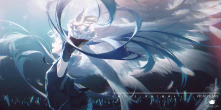 Hatsune Miku, anime Vocaloid, with flowing teal twin-tails and angelic wings against a stormy sky — HD PC desktop wallpaper/background.