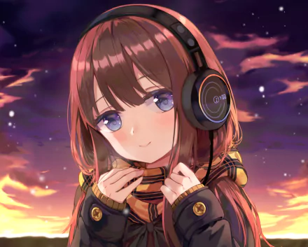 purple eyes brown hair sunset Anime headphones anime sunset HD Desktop Wallpaper | Background Image