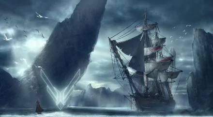 Fantasy scene: tall sailing ship anchored by an icy shore with a glowing rune and lone cloaked figure beneath stormy skies — HD PC desktop wallpaper/background.