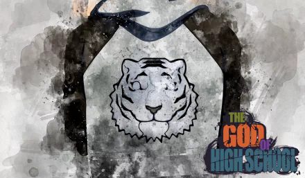 HD anime wallpaper of Jin Taejin's raglan shirt with a stylized tiger emblem in watercolor grunge, dark sleeves and a distressed background, The God of High School logo in the lower right.