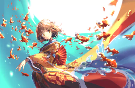 HD desktop wallpaper featuring an anime girl in a kimono, surrounded by flying fish in a vibrant, dynamic background.