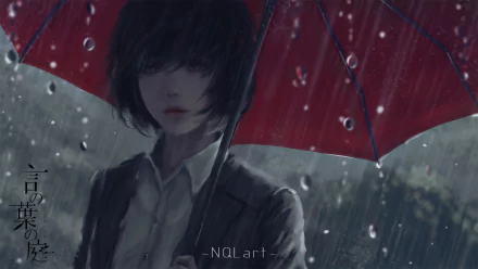 HD anime desktop wallpaper featuring Yukari Yukino from The Garden of Words standing under a red umbrella in the rain, with a somber and reflective atmosphere.