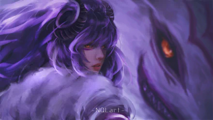 HD PC wallpaper: Kindred (League of Legends) — Lamb's purple hair and red eyes beside the wolf mask in a moody League of Legends video game scene.