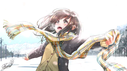 Original Anime HD PC desktop wallpaper/background: joyful girl in a tan coat with a flowing plaid scarf, laughing in falling snow across a quiet, tree-lined winter field.
