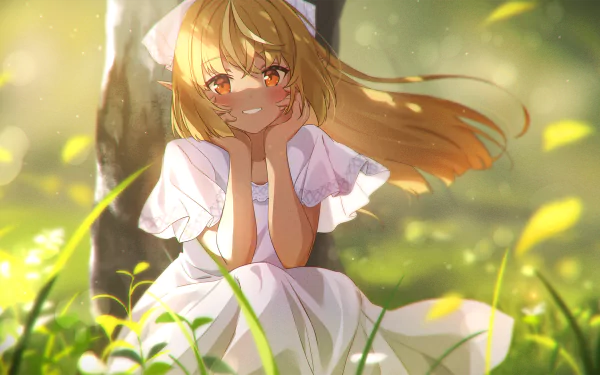 HD anime wallpaper featuring Shiranui Flare from Hololive with orange eyes and flowing blonde hair, wearing a white dress in a sunlit outdoor setting.