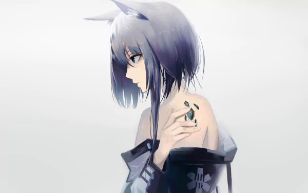 Kal'tsit (Arknights) in profile with short grey hair, blue eyes and shoulder tattoo, wearing an off-shoulder dark outfit — minimalist 5K Ultra HD PC desktop wallpaper.