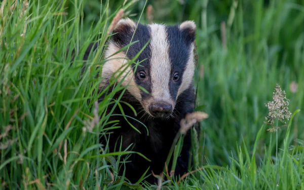 Badger peeking through tall green grass — animal close-up composed as a 2K Quad HD PC desktop wallpaper and background.