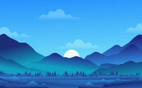 Minimalist artistic sunrise over layered blue mountains with pine silhouettes and a reflective lake — 8K Ultra HD PC desktop wallpaper/background.