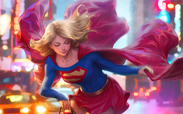 HD desktop wallpaper featuring Kara Zor-El, the blonde DC Comics hero Supergirl, soaring with her red cape flowing against a vibrant cityscape background.