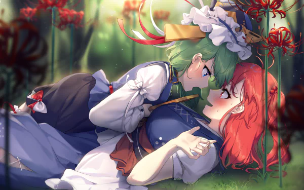 HD Touhou anime wallpaper: Shikieiki Yamaxanadu (green hair) and Komachi Onozuka (red hair) in a close pose on grass among red spider lilies — HD PC desktop background