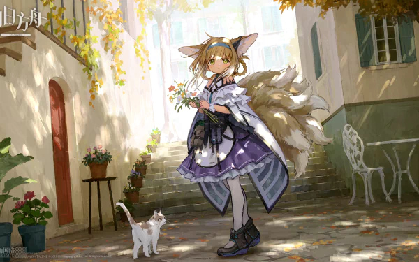 Suzuran from Arknights features blonde hair, animal ears, and green eyes. She holds flowers in a charming outdoor setting, accompanied by a white cat. A vibrant HD wallpaper from the game.