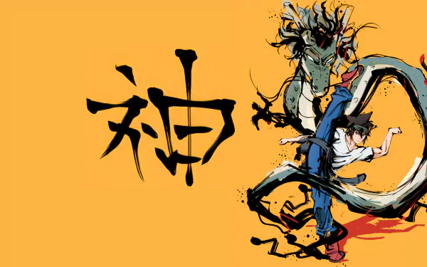Jin Mori from The God of High School anime striking a dynamic pose alongside a dragon, featured in a vibrant 4K Ultra HD PC desktop wallpaper.