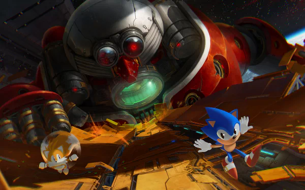 Classic Sonic and Classic Tails from Sonic the Hedgehog 3 & Knuckles navigate a mechanical, futuristic environment in this 4K Ultra HD PC desktop wallpaper.