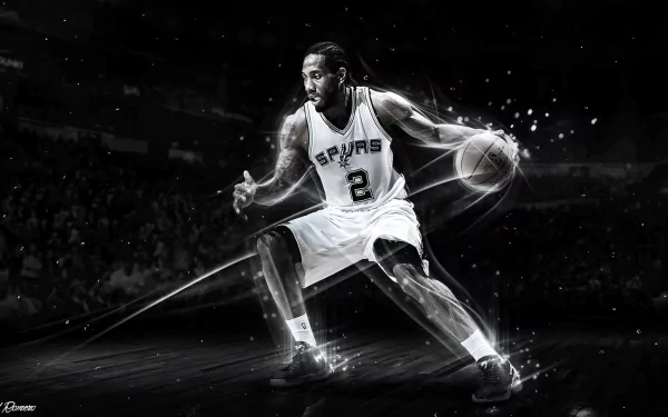HD desktop wallpaper featuring a dynamic black and white image of Kawhi Leonard in action during a Spurs basketball game.