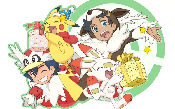 Ash Ketchum and Goh in fluffy Christmas coats—Goh winking with blue eyes, both smiling as Pikachu and Scorbunny cheerfully hold wrapped presents — anime Pokémon Christmas 4K desktop wallpaper.