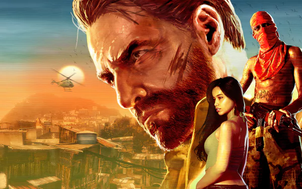 Max Payne 3 video game 4K Ultra HD PC desktop wallpaper/background: close-up of Max Payne’s weathered face, a woman and masked gunman with helicopter over a sunlit cityscape.