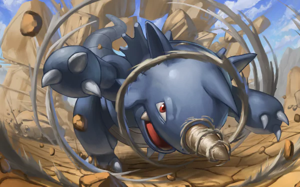 HD anime-style desktop wallpaper featuring Rhydon, the rock-ground Pokémon, breaking through rocky terrain with dynamic motion and vibrant colors.