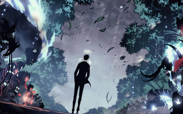 An HD desktop wallpaper featuring Sung Jin-Woo from Solo Leveling, set against a mystical forest background with glowing lights, falling leaves, and dark silhouettes.