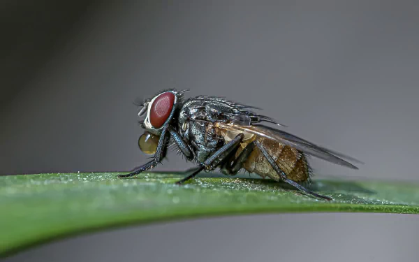 HD PC desktop wallpaper: close-up of an animal insect — a fly with red compound eyes resting on a green leaf against a soft, blurred background.