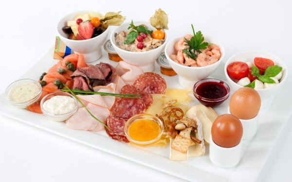 Food Breakfast Egg Cheese Meat Tomato Sauce Salad Shrimp Salmon HD Wallpaper | Background Image