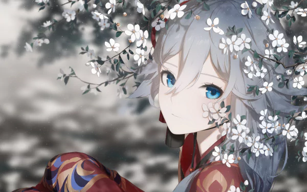 HD desktop wallpaper featuring Fu Hua from the video game Honkai Impact 3rd, surrounded by delicate blossoms.