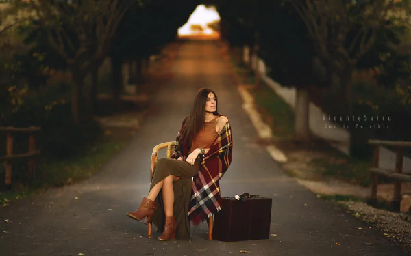 model suitcase road Marta Belda woman mood HD Desktop Wallpaper | Background Image