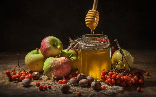 fruit still life rowan nut apple food honey HD Desktop Wallpaper | Background Image