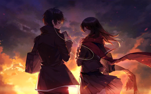 HD anime desktop wallpaper featuring Ayano Tateyama and Shintaro Kisaragi from Kagerou Project, set against a dramatic sunset sky with warm, vibrant colors.