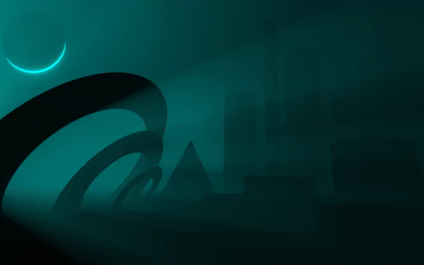 An abstract, dark-themed HD desktop wallpaper featuring a 3D city skyline with futuristic elements and a glowing crescent moon in the background.