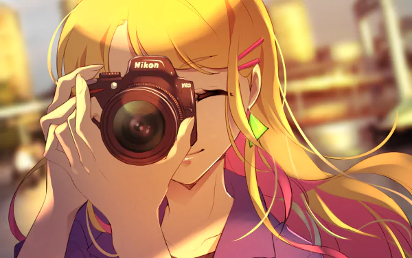 Anime-style illustration of a blonde character holding a Nikon camera, captured in vibrant colors for a 4K Ultra HD PC desktop wallpaper background.