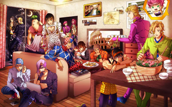 HD PC desktop wallpaper featuring vibrant characters from the anime Jojo's Bizarre Adventure gathered in a cozy, detailed living room setting.