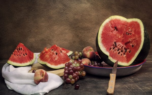Food Still Life Watermelon Grapes Peach Fruit HD Wallpaper | Background Image