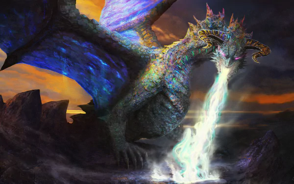 HD PC desktop wallpaper featuring a detailed fantasy dragon unleashing a bright, fiery breath against a dramatic sunset landscape.