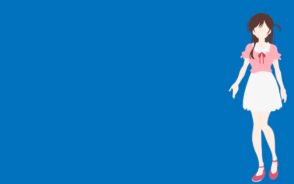 Anime-style illustration of Chizuru Ichinose from Rent-A-Girlfriend with brown hair, wearing a pink top and white skirt against a solid blue background in 8K Ultra HD.