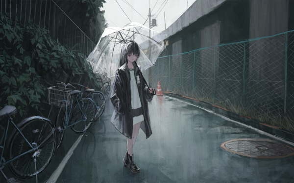 Anime Original Umbrella Bike Street HD Wallpaper | Background Image